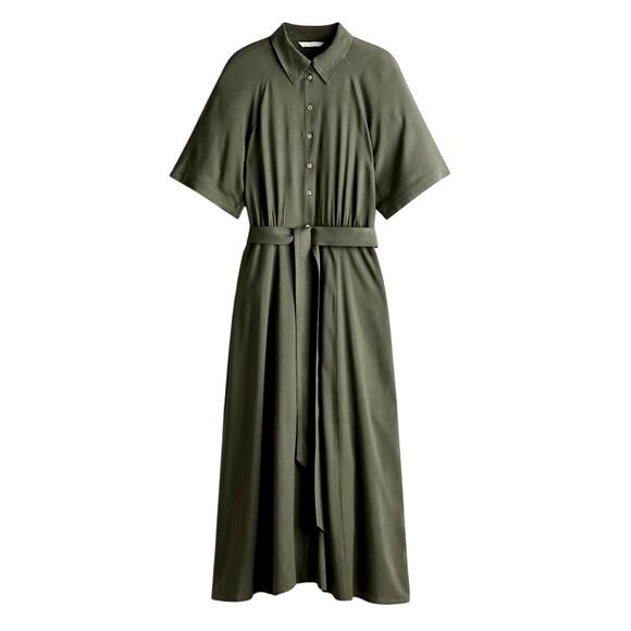 H&M Women's Medium Green Short Sleeve Tie-Belt Collar Button Up Midi Shirt Dress - Picture 4 of 6